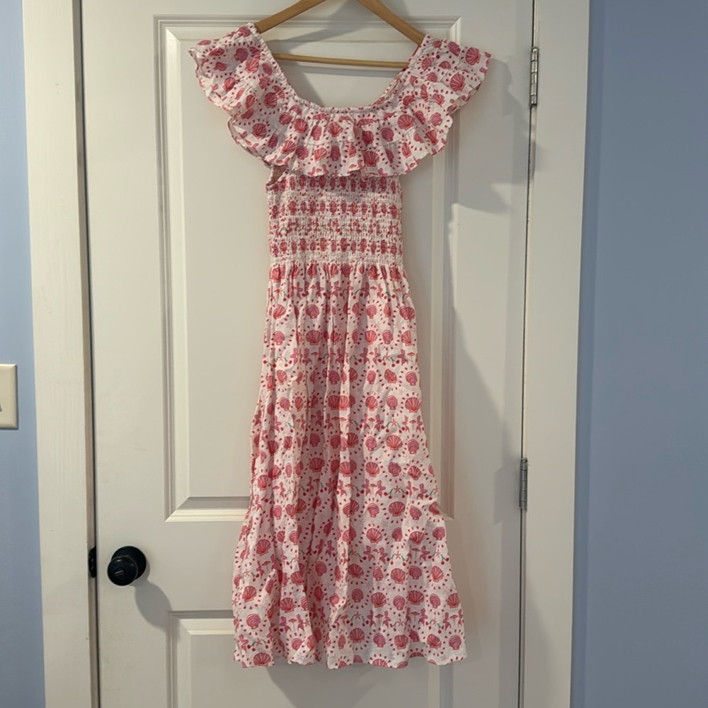 Hill House nap dress in pink shells and mermaids